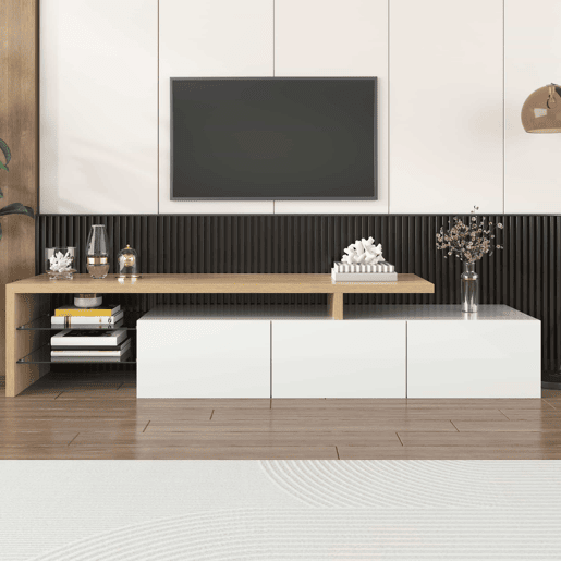 Móvel de TV 160 cm - Design moderno, elegante, arrumação prática, branco brilhante, efeito madeira, prateleiras de vidro, iluminação LED - Branco Móvel de TV 160 cm - Design moderno, elegante, arrumação prática, branco brilhante, efeito madeira, prateleiras de vidro, iluminação LED - Branco