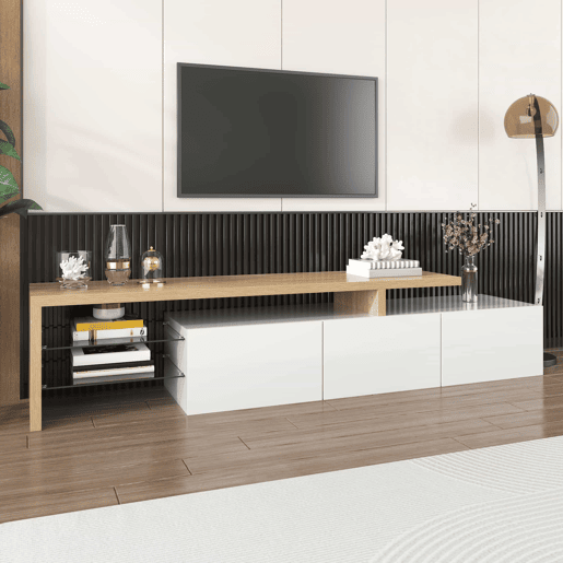 Móvel de TV 160 cm - Design moderno, elegante, arrumação prática, branco brilhante, efeito madeira, prateleiras de vidro, iluminação LED - Branco Móvel de TV 160 cm - Design moderno, elegante, arrumação prática, branco brilhante, efeito madeira, prateleiras de vidro, iluminação LED - Branco