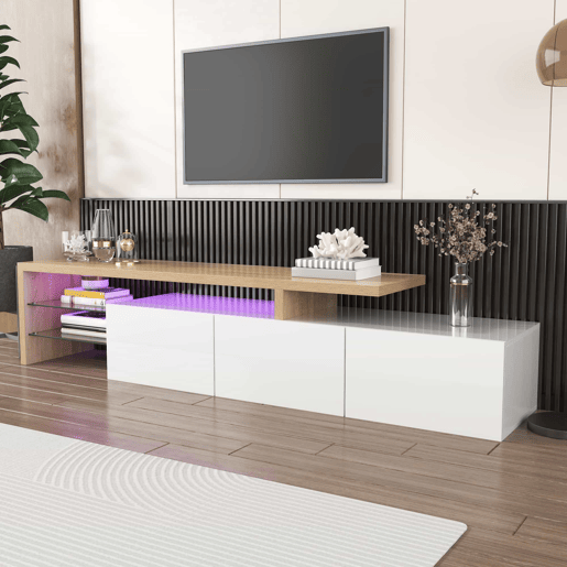 Móvel de TV 160 cm - Design moderno, elegante, arrumação prática, branco brilhante, efeito madeira, prateleiras de vidro, iluminação LED - Branco Móvel de TV 160 cm - Design moderno, elegante, arrumação prática, branco brilhante, efeito madeira, prateleiras de vidro, iluminação LED - Branco