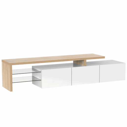 Móvel de TV 160 cm - Design moderno, elegante, arrumação prática, branco brilhante, efeito madeira, prateleiras de vidro, iluminação LED - Branco Móvel de TV 160 cm - Design moderno, elegante, arrumação prática, branco brilhante, efeito madeira, prateleiras de vidro, iluminação LED - Branco