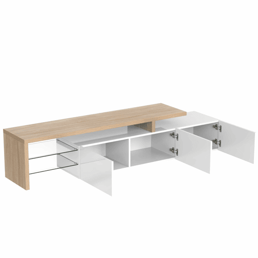 Móvel de TV 160 cm - Design moderno, elegante, arrumação prática, branco brilhante, efeito madeira, prateleiras de vidro, iluminação LED - Branco Móvel de TV 160 cm - Design moderno, elegante, arrumação prática, branco brilhante, efeito madeira, prateleiras de vidro, iluminação LED - Branco