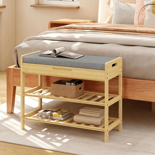 Banco Zapatero 68 x 30 x 50 cm u2014 com assento almofadado, espaço de arrumação oculto e design de canto u2014 cinzento Banco Zapatero 68 x 30 x 50 cm u2014 com assento almofadado, espaço de arrumação oculto e design de canto u2014 cinzento
