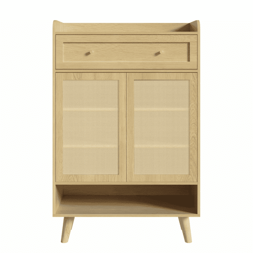 Armário 80 x 105 x 35 cm u2014 com 2 portas de rattan, 4 prateleiras, 1 gaveta e prateleira superior aberta u2014 Carvalho claro Armário 80 x 105 x 35 cm u2014 com 2 portas de rattan, 4 prateleiras, 1 gaveta e prateleira superior aberta u2014 Carvalho claro