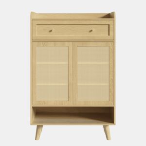 Armário 80 x 105 x 35 cm u2014 com 2 portas de rattan, 4 prateleiras, 1 gaveta e prateleira superior aberta u2014 Carvalho claro