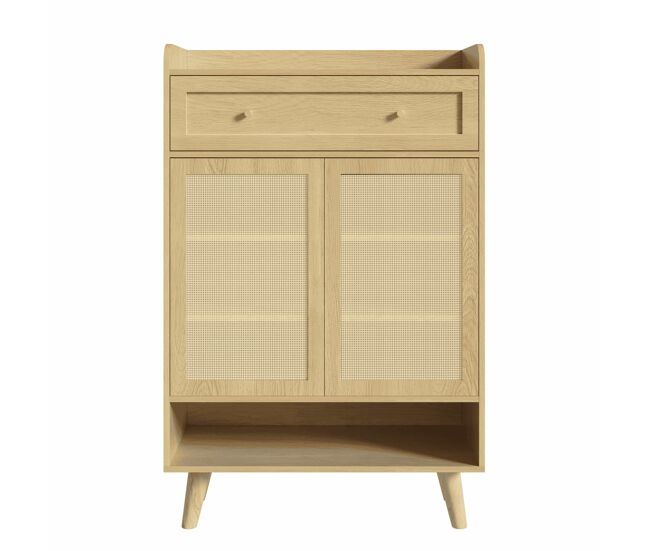 Zapatero 80x105x35 cm - con 2 puertas de ratán, 4 estantes, 1 cajón y estante superior abierto - roble claro
