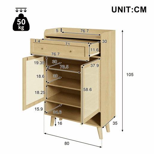 Armário 80 x 105 x 35 cm u2014 com 2 portas de rattan, 4 prateleiras, 1 gaveta e prateleira superior aberta u2014 Carvalho claro Armário 80 x 105 x 35 cm u2014 com 2 portas de rattan, 4 prateleiras, 1 gaveta e prateleira superior aberta u2014 Carvalho claro