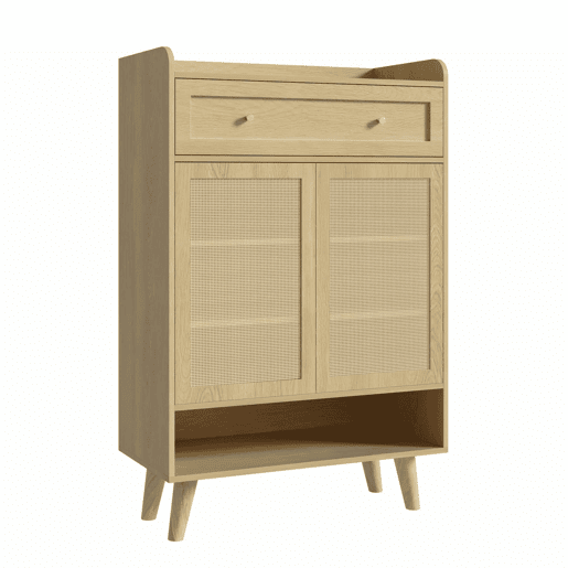 Armário 80 x 105 x 35 cm u2014 com 2 portas de rattan, 4 prateleiras, 1 gaveta e prateleira superior aberta u2014 Carvalho claro Armário 80 x 105 x 35 cm u2014 com 2 portas de rattan, 4 prateleiras, 1 gaveta e prateleira superior aberta u2014 Carvalho claro
