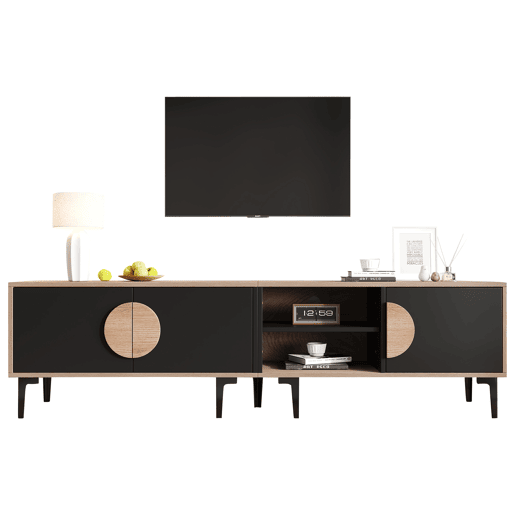 Móvel de TV 180x35x49 cm - 2 armários e prateleiras abertas - Madeira + Preto Móvel de TV 180x35x49 cm - 2 armários e prateleiras abertas - Madeira + Preto