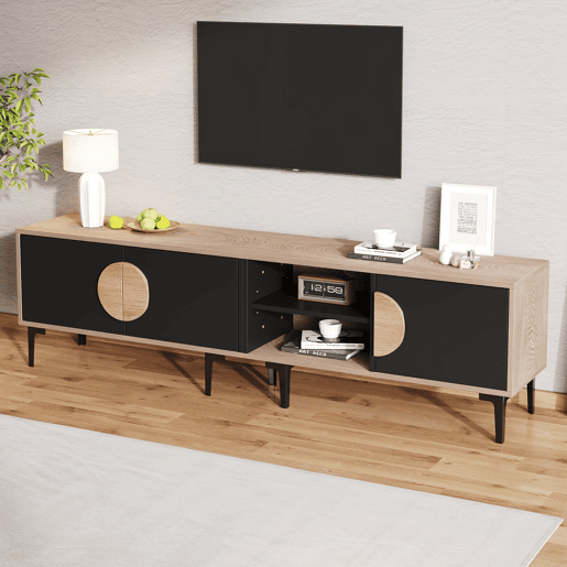 Móvel de TV 180x35x49 cm - 2 armários e prateleiras abertas - Madeira + Preto Móvel de TV 180x35x49 cm - 2 armários e prateleiras abertas - Madeira + Preto