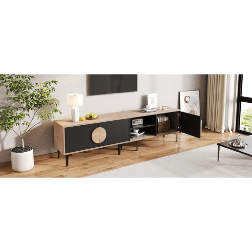 Móvel de TV 180x35x49 cm - 2 armários e prateleiras abertas - Madeira + Preto Móvel de TV 180x35x49 cm - 2 armários e prateleiras abertas - Madeira + Preto