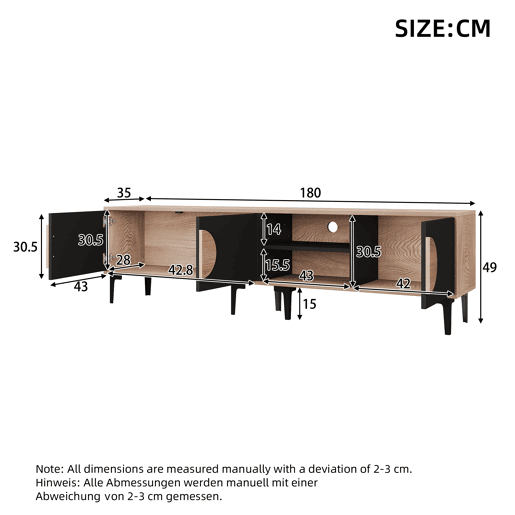 Móvel de TV 180x35x49 cm - 2 armários e prateleiras abertas - Madeira + Preto Móvel de TV 180x35x49 cm - 2 armários e prateleiras abertas - Madeira + Preto