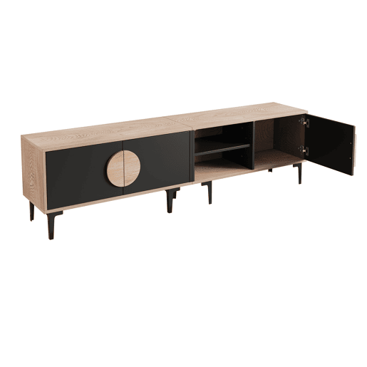 Móvel de TV 180x35x49 cm - 2 armários e prateleiras abertas - Madeira + Preto Móvel de TV 180x35x49 cm - 2 armários e prateleiras abertas - Madeira + Preto