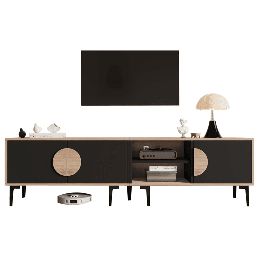 Móvel de TV 180x35x49 cm - 2 armários e prateleiras abertas - Madeira + Preto Móvel de TV 180x35x49 cm - 2 armários e prateleiras abertas - Madeira + Preto