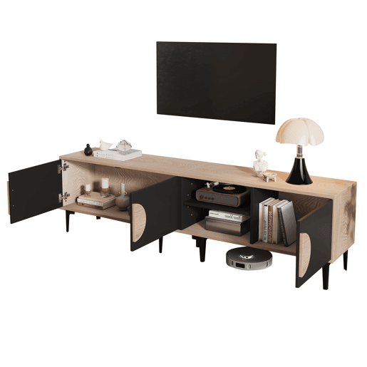 Móvel de TV 180x35x49 cm - 2 armários e prateleiras abertas - Madeira + Preto Móvel de TV 180x35x49 cm - 2 armários e prateleiras abertas - Madeira + Preto