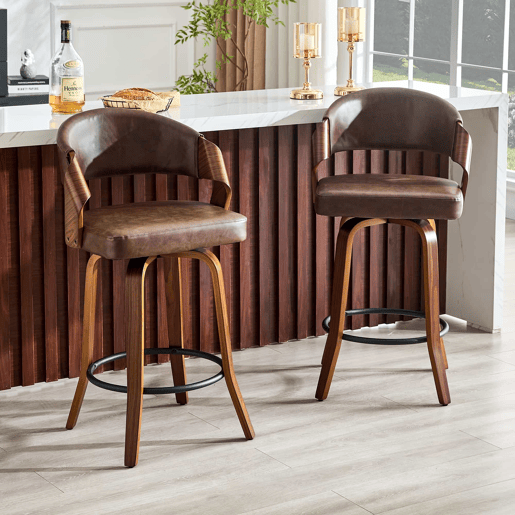 Bancos de bar de 95 cm - Conjunto de 2, com encosto, estrutura em madeira e assento em PU - Castanho Bancos de bar de 95 cm - Conjunto de 2, com encosto, estrutura em madeira e assento em PU - Castanho