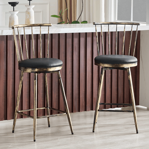 Banco de bar de 39 cm - Estilo Windsor industrial com estrutura metálica e assento almofadado vintage para cozinha e restaurante - Preto e castanho Banco de bar de 39 cm - Estilo Windsor industrial com estrutura metálica e assento almofadado vintage para cozinha e restaurante - Preto e castanho