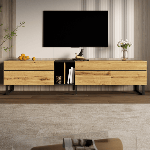 Móvel de TV 180 cm - Minimalista com portas duplas, compartimentos abertos e rebatíveis - Madeira Móvel de TV 180 cm - Minimalista com portas duplas, compartimentos abertos e rebatíveis - Madeira