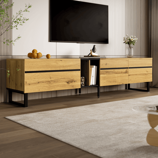 Móvel de TV 180 cm - Minimalista com portas duplas, compartimentos abertos e rebatíveis - Madeira Móvel de TV 180 cm - Minimalista com portas duplas, compartimentos abertos e rebatíveis - Madeira