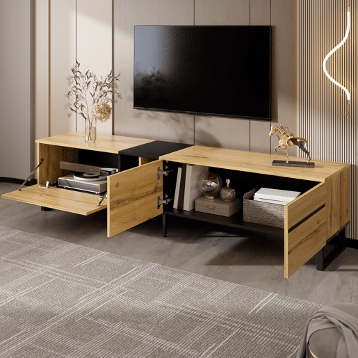 Móvel de TV 180 cm - Minimalista com portas duplas, compartimentos abertos e rebatíveis - Madeira Móvel de TV 180 cm - Minimalista com portas duplas, compartimentos abertos e rebatíveis - Madeira