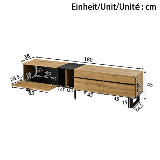 Móvel de TV 180 cm - Minimalista com portas duplas, compartimentos abertos e rebatíveis - Madeira Móvel de TV 180 cm - Minimalista com portas duplas, compartimentos abertos e rebatíveis - Madeira