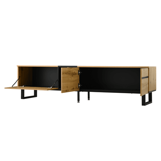 Móvel de TV 180 cm - Minimalista com portas duplas, compartimentos abertos e rebatíveis - Madeira Móvel de TV 180 cm - Minimalista com portas duplas, compartimentos abertos e rebatíveis - Madeira
