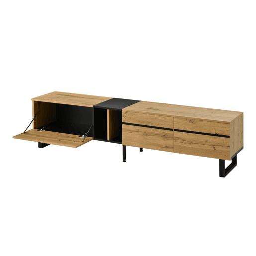 Móvel de TV 180 cm - Minimalista com portas duplas, compartimentos abertos e rebatíveis - Madeira Móvel de TV 180 cm - Minimalista com portas duplas, compartimentos abertos e rebatíveis - Madeira