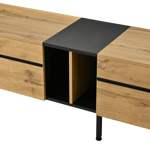 Móvel de TV 180 cm - Minimalista com portas duplas, compartimentos abertos e rebatíveis - Madeira Móvel de TV 180 cm - Minimalista com portas duplas, compartimentos abertos e rebatíveis - Madeira