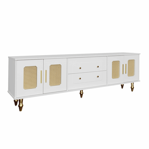 Móvel moderno para televisão - com portas de rotim e 2 gavetas - pés metálicos - Branco Móvel moderno para televisão - com portas de rotim e 2 gavetas - pés metálicos - Branco