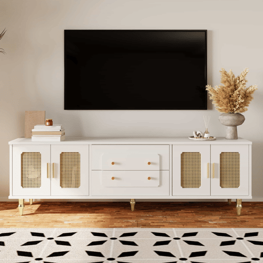 Móvel moderno para televisão - com portas de rotim e 2 gavetas - pés metálicos - Branco Móvel moderno para televisão - com portas de rotim e 2 gavetas - pés metálicos - Branco