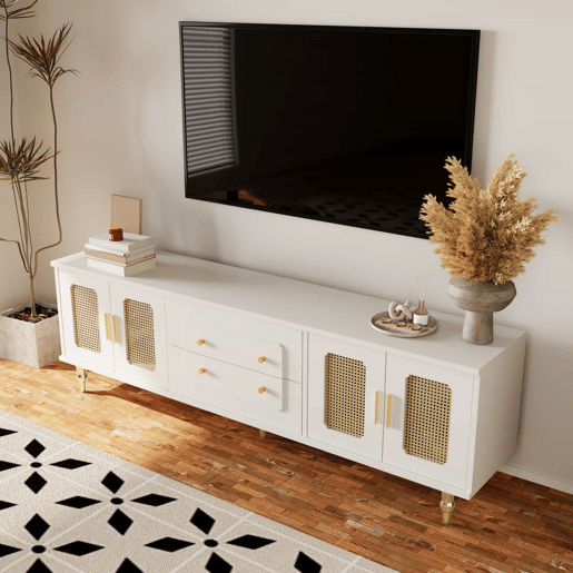 Móvel moderno para televisão - com portas de rotim e 2 gavetas - pés metálicos - Branco Móvel moderno para televisão - com portas de rotim e 2 gavetas - pés metálicos - Branco