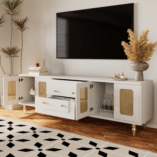 Móvel moderno para televisão - com portas de rotim e 2 gavetas - pés metálicos - Branco Móvel moderno para televisão - com portas de rotim e 2 gavetas - pés metálicos - Branco