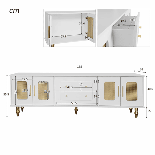 Móvel moderno para televisão - com portas de rotim e 2 gavetas - pés metálicos - Branco Móvel moderno para televisão - com portas de rotim e 2 gavetas - pés metálicos - Branco