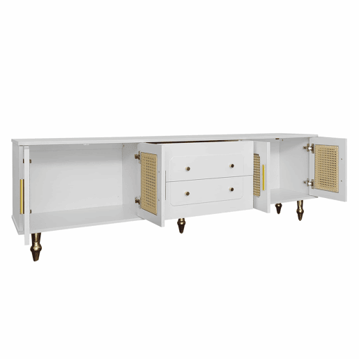 Móvel moderno para televisão - com portas de rotim e 2 gavetas - pés metálicos - Branco Móvel moderno para televisão - com portas de rotim e 2 gavetas - pés metálicos - Branco