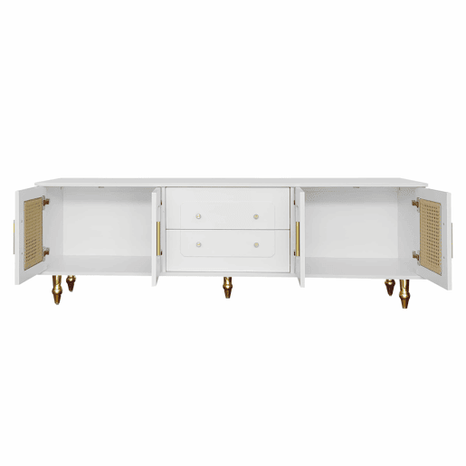 Móvel moderno para televisão - com portas de rotim e 2 gavetas - pés metálicos - Branco Móvel moderno para televisão - com portas de rotim e 2 gavetas - pés metálicos - Branco