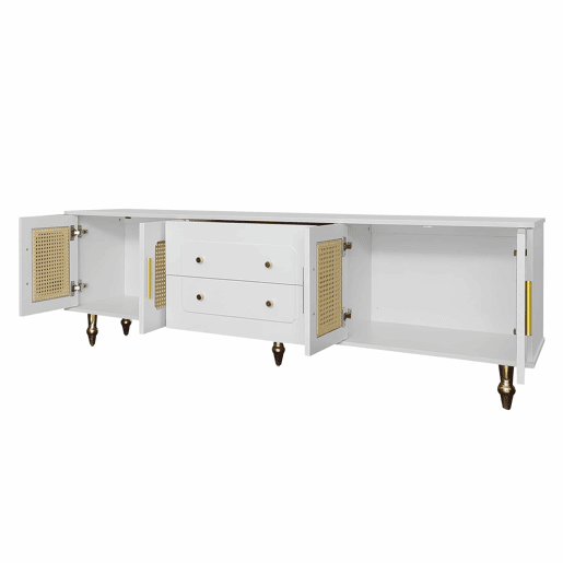 Móvel moderno para televisão - com portas de rotim e 2 gavetas - pés metálicos - Branco Móvel moderno para televisão - com portas de rotim e 2 gavetas - pés metálicos - Branco