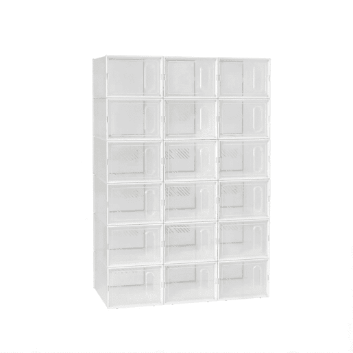 Organizador de sapatos modular de 18 peças u2013 empilhável, multifuncional, para organizar sapatos e arrumação u2013 transparente e branco Organizador de sapatos modular de 18 peças u2013 empilhável, multifuncional, para organizar sapatos e arrumação u2013 transparente e branco