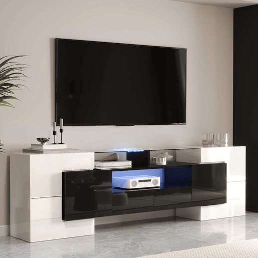 Móvel TV de madeira de 2 m com 2 gavetas e 2 prateleiras abertas - Preto e branco Móvel TV de madeira de 2 m com 2 gavetas e 2 prateleiras abertas - Preto e branco