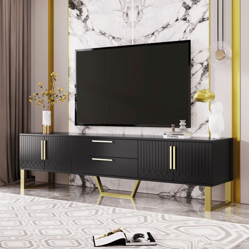 Móvel de TV 170x35x47 cm - alto brilho, puxadores e pés dourados, porta texturizada - Preto Móvel de TV 170x35x47 cm - alto brilho, puxadores e pés dourados, porta texturizada - Preto