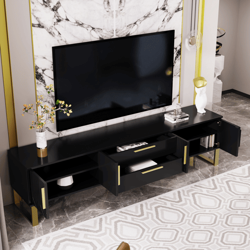 Móvel de TV 170x35x47 cm - alto brilho, puxadores e pés dourados, porta texturizada - Preto Móvel de TV 170x35x47 cm - alto brilho, puxadores e pés dourados, porta texturizada - Preto