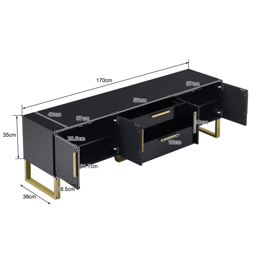 Móvel de TV 170x35x47 cm - alto brilho, puxadores e pés dourados, porta texturizada - Preto Móvel de TV 170x35x47 cm - alto brilho, puxadores e pés dourados, porta texturizada - Preto
