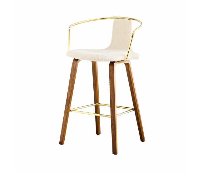 Taburetes de bar con reposabrazos - tapizado de tela teddy y pu, patas de madera, reposapiés metálico, estilo nórdico moderno - blanco