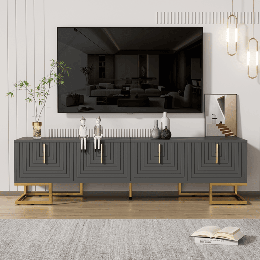 Móvel de TV 170x35x47,5 - Porta estruturada, puxadores e pés dourados - Cinza Móvel de TV 170x35x47,5 - Porta estruturada, puxadores e pés dourados - Cinza