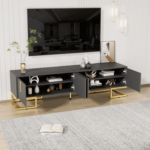 Móvel de TV 170x35x47,5 - Porta estruturada, puxadores e pés dourados - Cinza Móvel de TV 170x35x47,5 - Porta estruturada, puxadores e pés dourados - Cinza