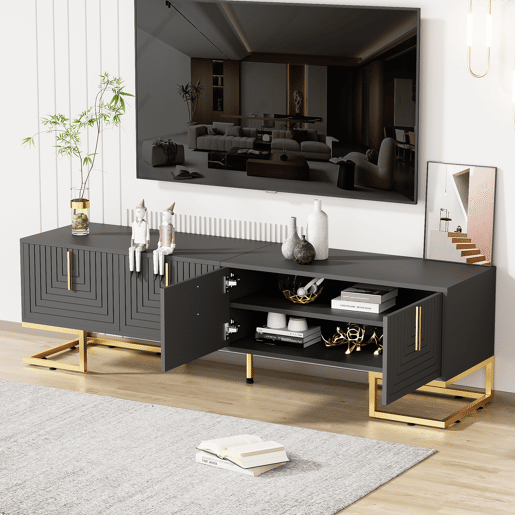 Móvel de TV 170x35x47,5 - Porta estruturada, puxadores e pés dourados - Cinza Móvel de TV 170x35x47,5 - Porta estruturada, puxadores e pés dourados - Cinza