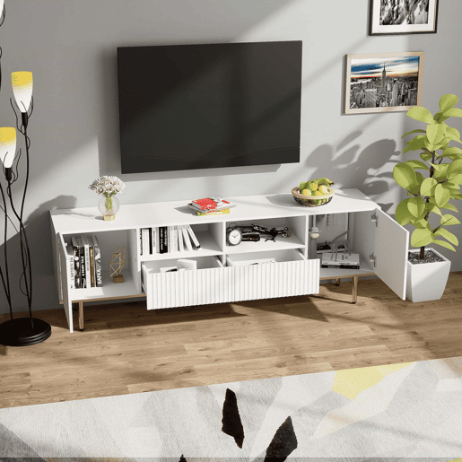 Móvel moderno para televisão - com 2 portas e 2 gavetas - pés metálicos - Branco
