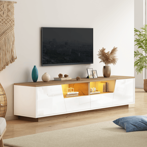 Móvel de TV 180x40x46 cm - LED, 2 gavetas, 2 armários, até 75 - branco e madeira Móvel de TV 180x40x46 cm - LED, 2 gavetas, 2 armários, até 75 - branco e madeira