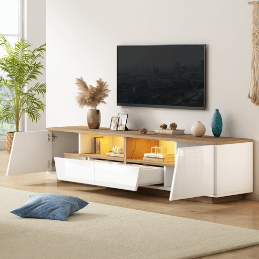 Móvel de TV 180x40x46 cm - LED, 2 gavetas, 2 armários, até 75 - branco e madeira Móvel de TV 180x40x46 cm - LED, 2 gavetas, 2 armários, até 75 - branco e madeira