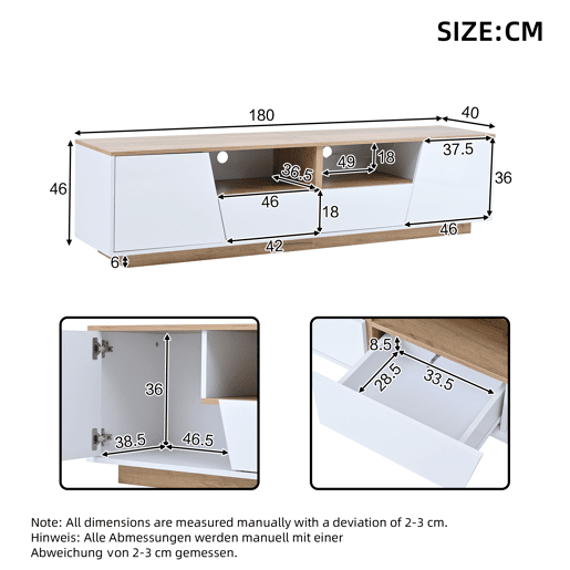 Móvel de TV 180x40x46 cm - LED, 2 gavetas, 2 armários, até 75 - branco e madeira Móvel de TV 180x40x46 cm - LED, 2 gavetas, 2 armários, até 75 - branco e madeira