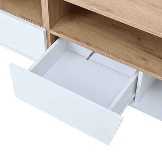 Móvel de TV 180x40x46 cm - LED, 2 gavetas, 2 armários, até 75 - branco e madeira Móvel de TV 180x40x46 cm - LED, 2 gavetas, 2 armários, até 75 - branco e madeira