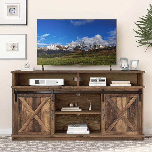 Móvel de TV 148x40x78 cm - 2 portas de correr, prateleiras ajustáveis, estilo rústico - Castanho Móvel de TV 148x40x78 cm - 2 portas de correr, prateleiras ajustáveis, estilo rústico - Castanho